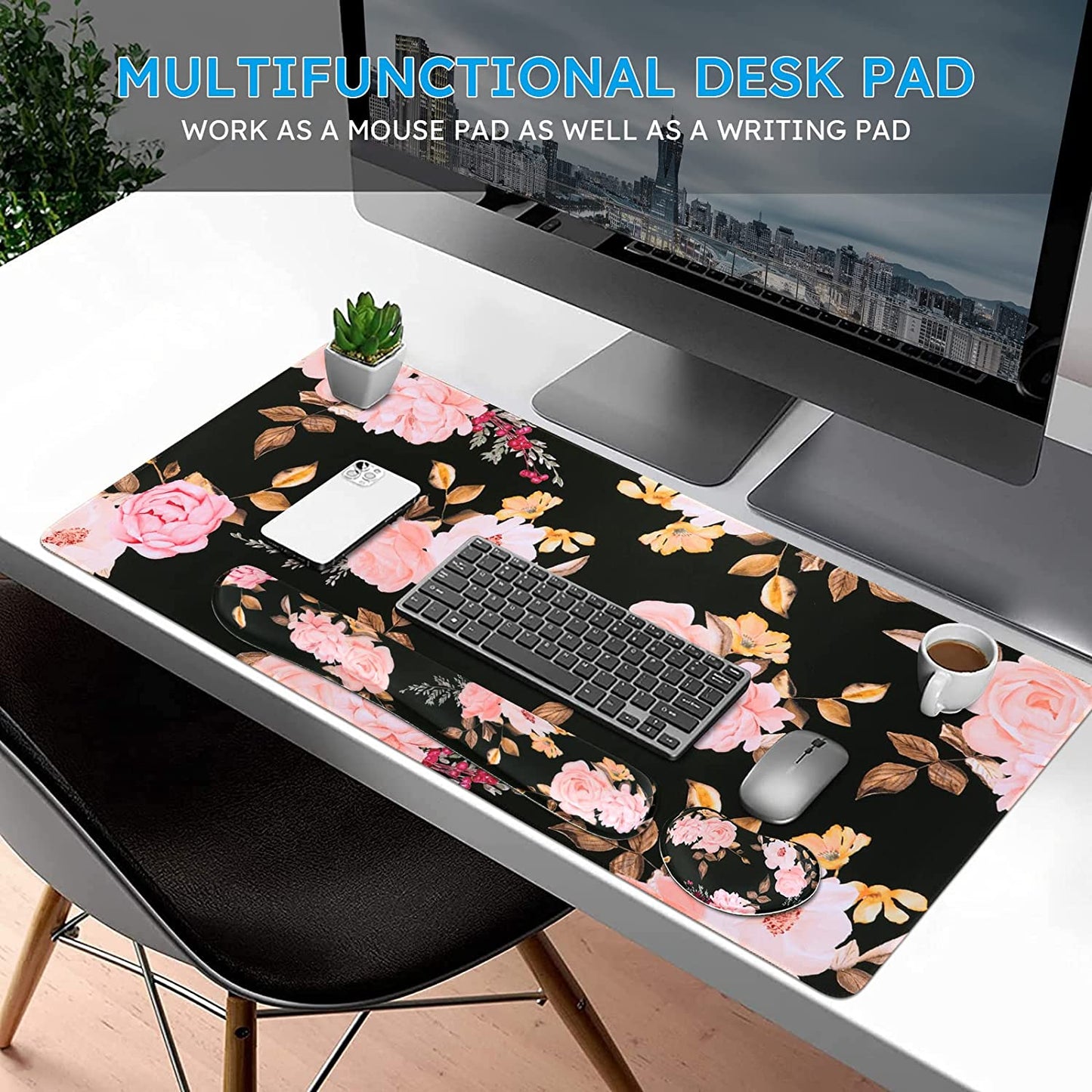 3-Piece Ergonomic Extended Desk Mat Set – Large Gaming Mouse Pad with Memory Foam Keyboard Wrist Rest Support (Floral)