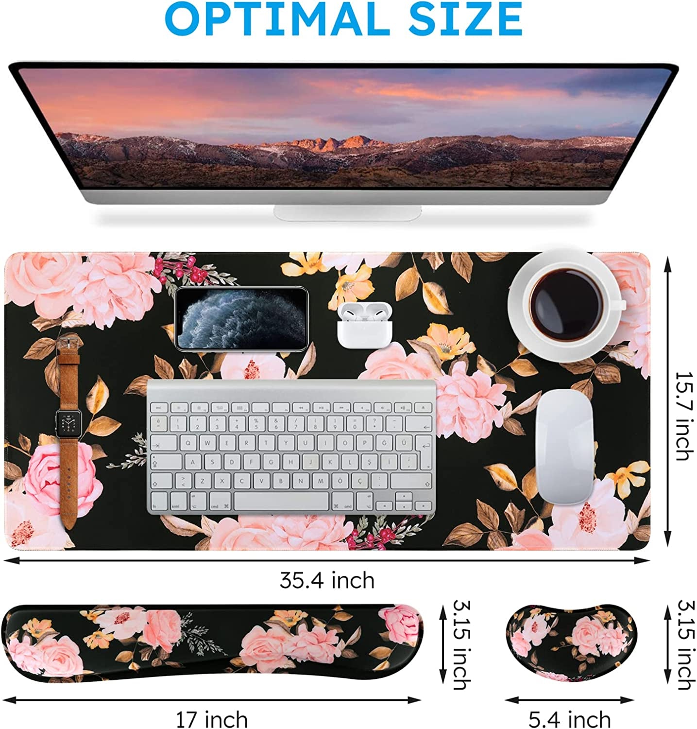 3-Piece Ergonomic Extended Desk Mat Set – Large Gaming Mouse Pad with Memory Foam Keyboard Wrist Rest Support (Floral)