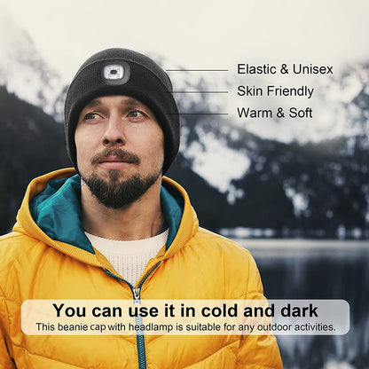 Rechargeable LED Lighted Beanie Hat – Hands-Free Unisex Warm Knitted Winter Cap with Built-in Headlamp