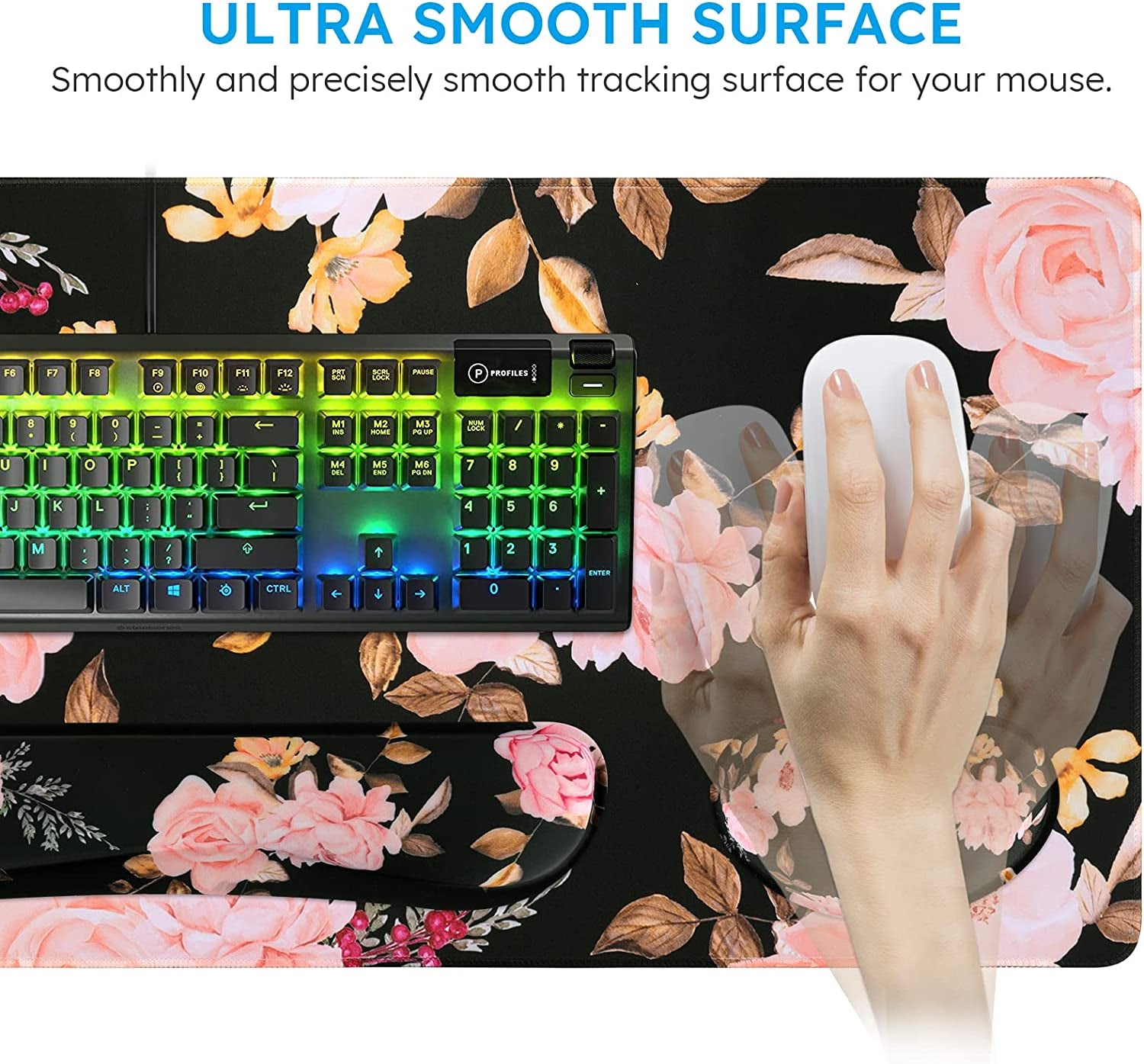 3-Piece Ergonomic Extended Desk Mat Set – Large Gaming Mouse Pad with Memory Foam Keyboard Wrist Rest Support (Floral)