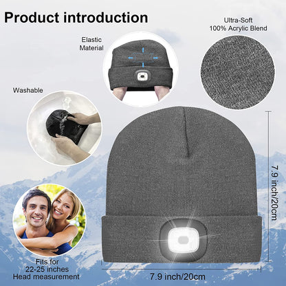 Rechargeable LED Lighted Beanie Hat – Hands-Free Unisex Warm Knitted Winter Cap with Built-in Headlamp