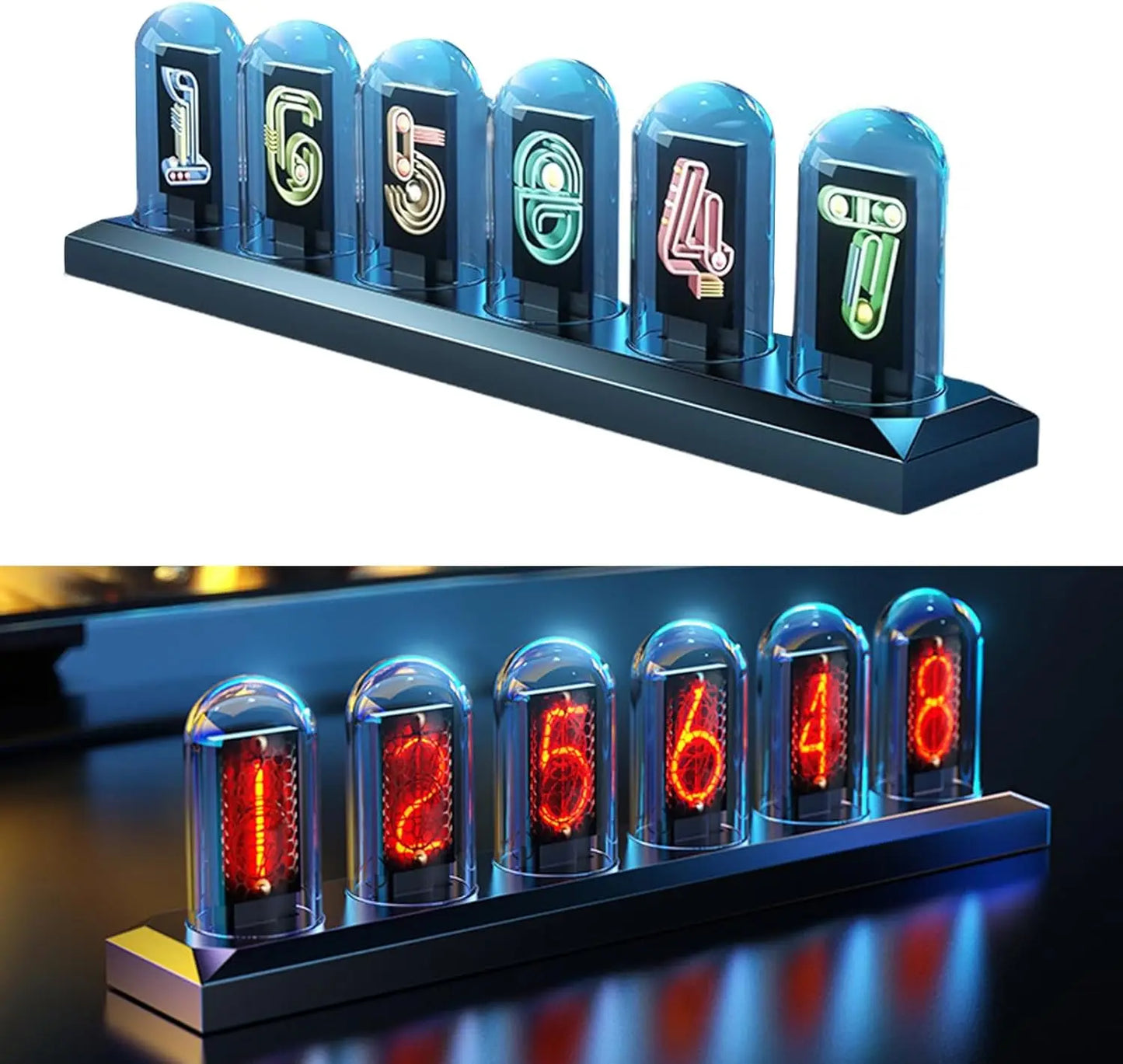 Cyberpunk RGB Nixie Tube Clock – Premium IPS Color Screen Desktop Glow Digital Clock & Alarm with USB Charging Port