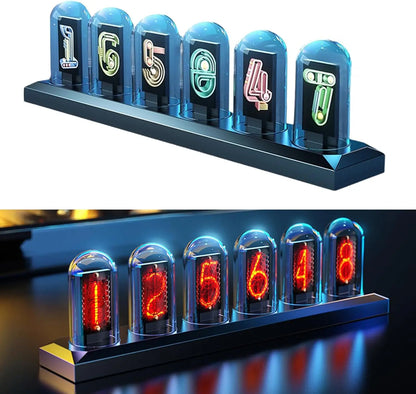 Cyberpunk RGB Nixie Tube Clock – Premium IPS Color Screen Desktop Glow Digital Clock & Alarm with USB Charging Port
