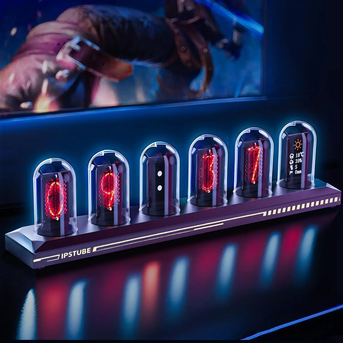 Cyberpunk RGB Nixie Tube Clock – Premium IPS Color Screen Desktop Glow Digital Clock & Alarm with USB Charging Port