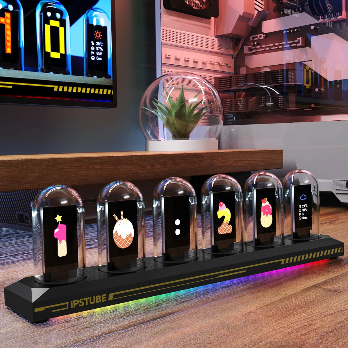 Cyberpunk RGB Nixie Tube Clock – Premium IPS Color Screen Desktop Glow Digital Clock & Alarm with USB Charging Port