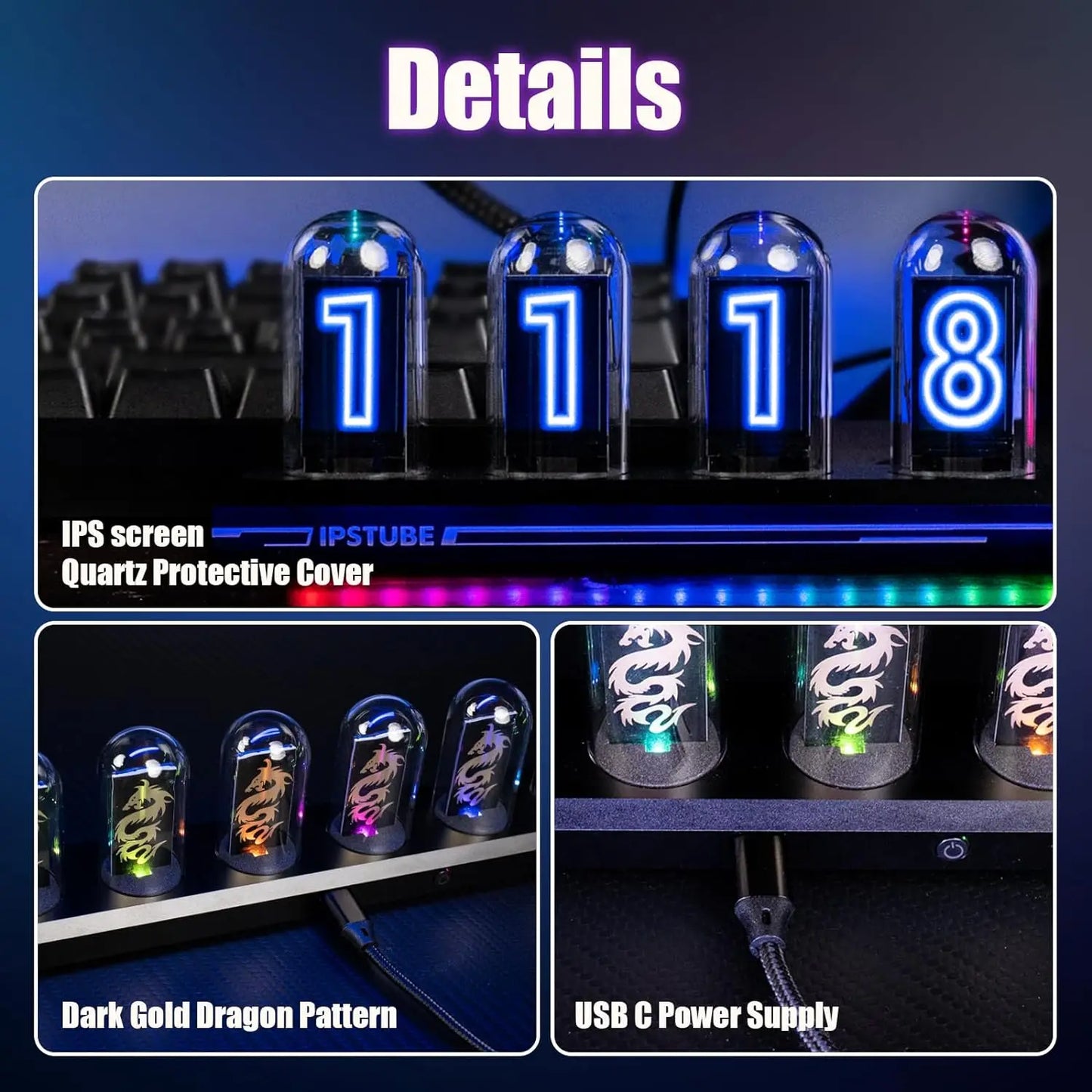 Cyberpunk RGB Nixie Tube Clock – Premium IPS Color Screen Desktop Glow Digital Clock & Alarm with USB Charging Port