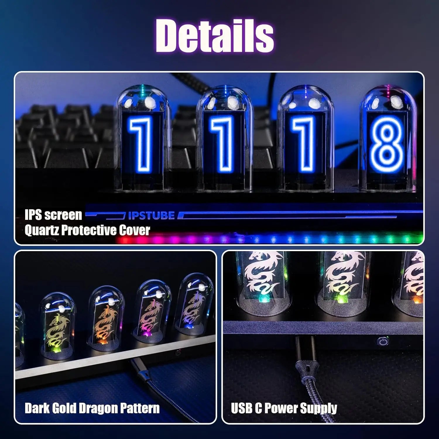 Cyberpunk RGB Nixie Tube Clock – Premium IPS Color Screen Desktop Glow Digital Clock & Alarm with USB Charging Port