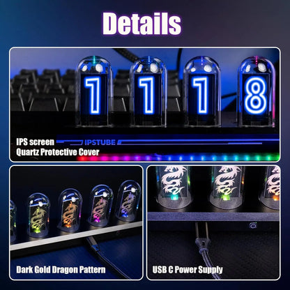 Cyberpunk RGB Nixie Tube Clock – Premium IPS Color Screen Desktop Glow Digital Clock & Alarm with USB Charging Port