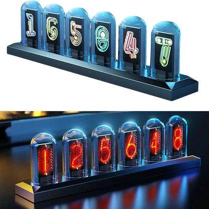 Cyberpunk RGB Nixie Tube Clock – Premium IPS Color Screen Desktop Glow Digital Clock & Alarm with USB Charging Port
