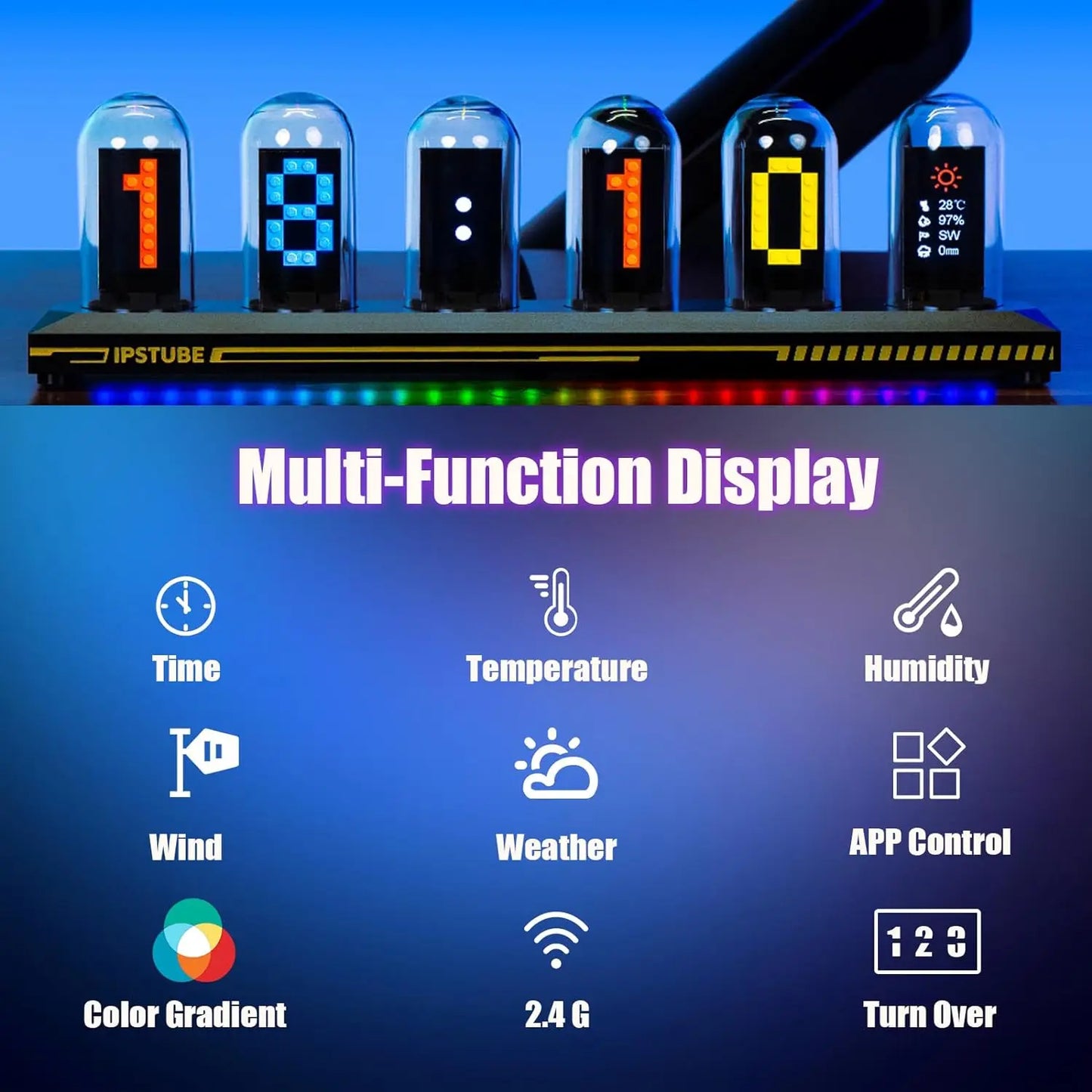 Cyberpunk RGB Nixie Tube Clock – Premium IPS Color Screen Desktop Glow Digital Clock & Alarm with USB Charging Port
