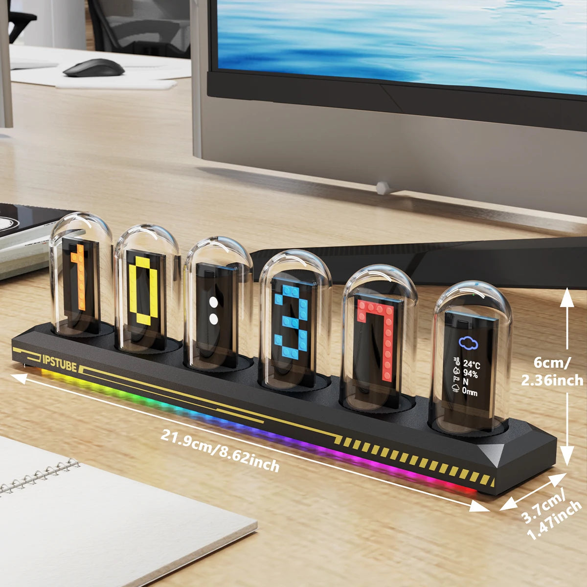 Cyberpunk RGB Nixie Tube Clock – Premium IPS Color Screen Desktop Glow Digital Clock & Alarm with USB Charging Port