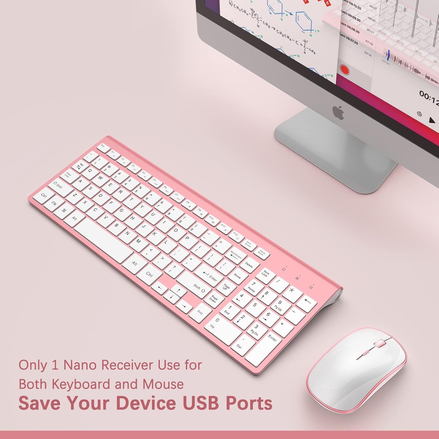 Retro Wireless Keyboard and Mouse Combo – Ergonomic 2.4GHz Portable Keyboard for Windows and Mac (Pink)