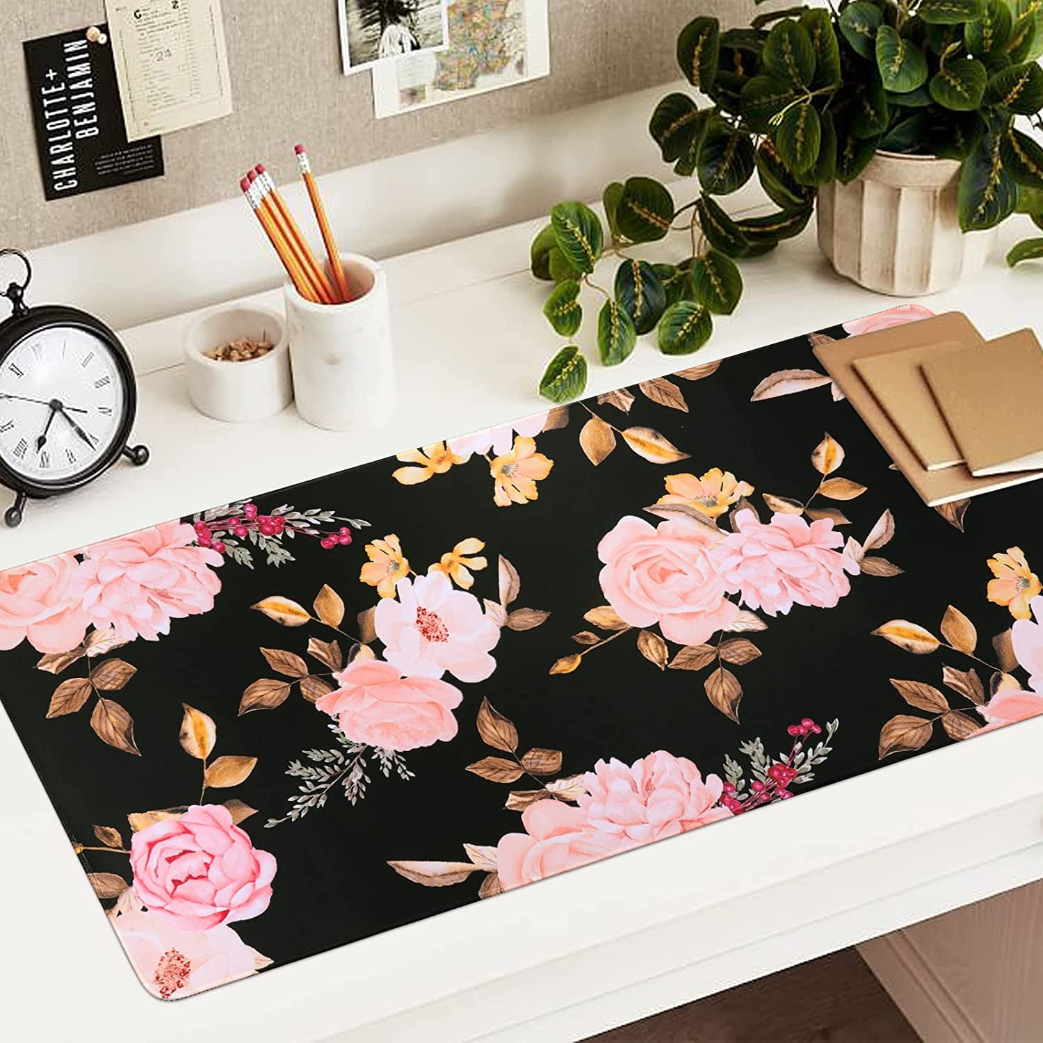 3-Piece Ergonomic Extended Desk Mat Set – Large Gaming Mouse Pad with Memory Foam Keyboard Wrist Rest Support (Floral)