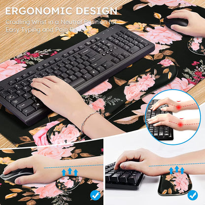 3-Piece Ergonomic Extended Desk Mat Set – Large Gaming Mouse Pad with Memory Foam Keyboard Wrist Rest Support (Floral)