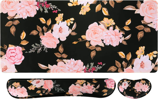 3-Piece Ergonomic Extended Desk Mat Set – Large Gaming Mouse Pad with Memory Foam Keyboard Wrist Rest Support (Floral)