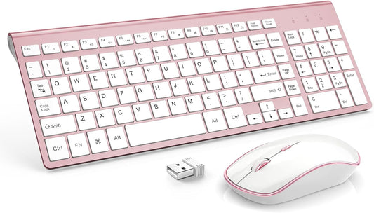 Retro Wireless Keyboard and Mouse Combo – Ergonomic 2.4GHz Portable Keyboard for Windows and Mac (Pink)