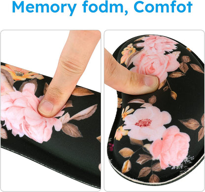 3-Piece Ergonomic Extended Desk Mat Set – Large Gaming Mouse Pad with Memory Foam Keyboard Wrist Rest Support (Floral)